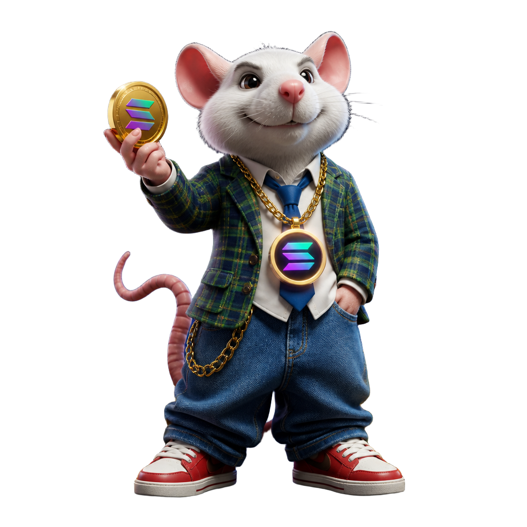 Cash Rat mascot: a white rat in a plaid jacket with a gold Solana chain holding a coin